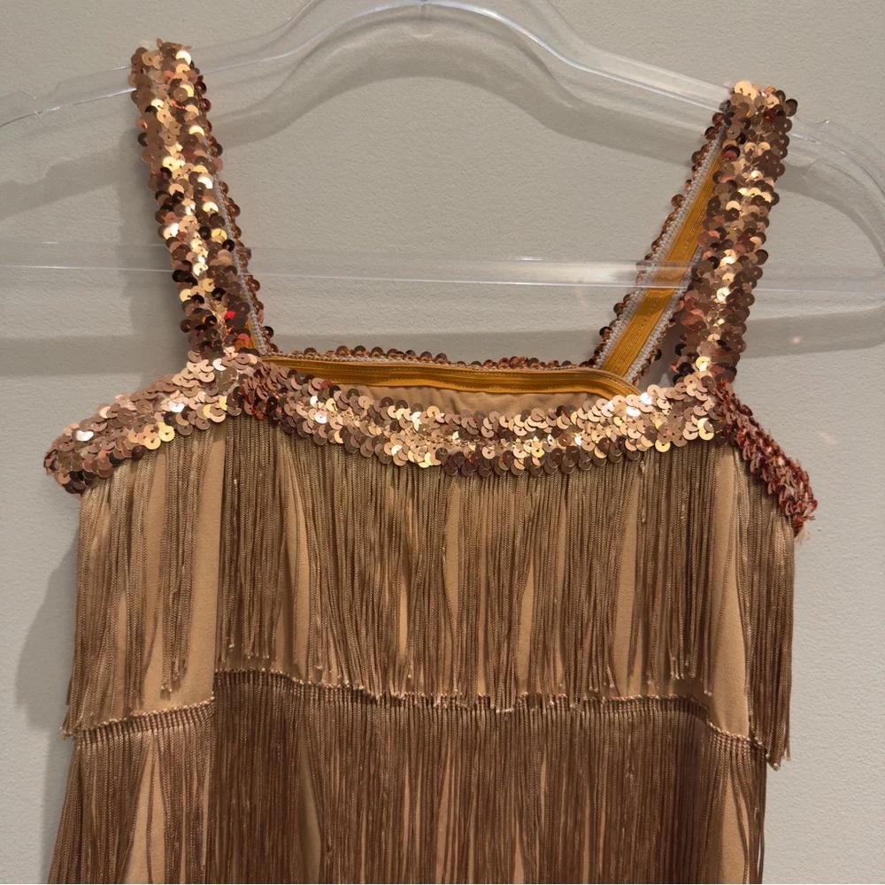 Leadtex - Gold Fringe Flapper Costume Dress with Sequin Straps Size 10-12 Years